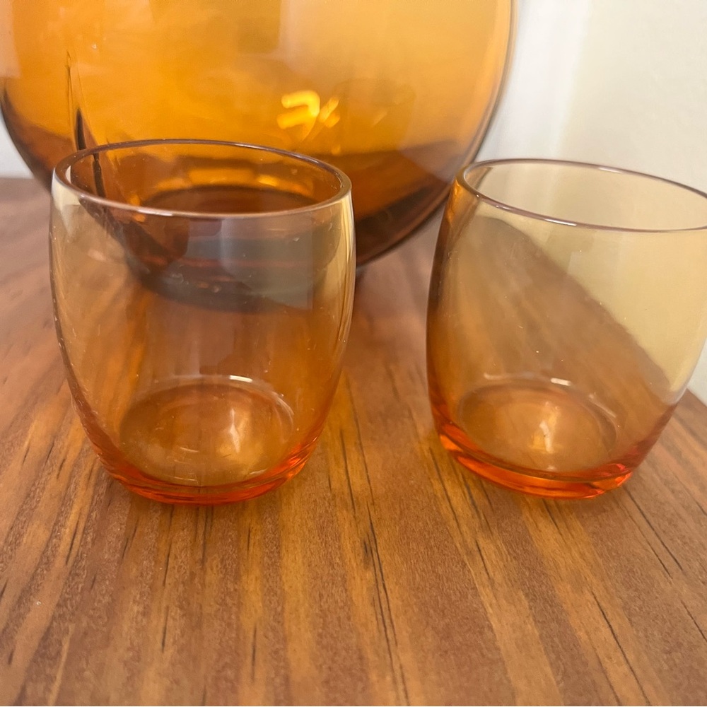 Vintage Cambridge Amber Glass Tilt Ball Cordial Decanter w/2 Glasses - Picture 5 of 13